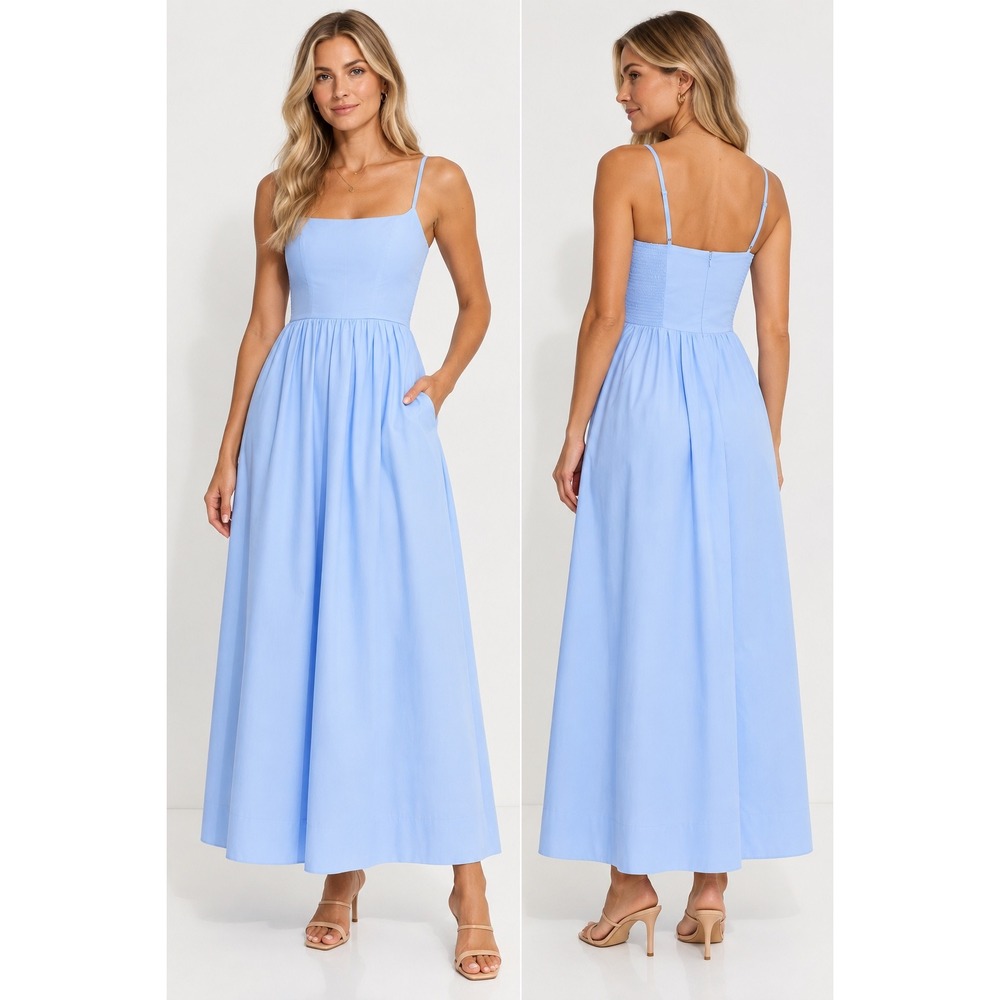 Dynamite Women's Poplin Cotton Maxi Dress Blue Monday Sleeveless Pockets Size S